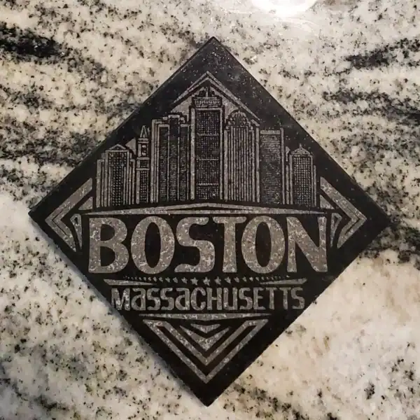Custom engraved Boston skyline granite coaster for home or office decor.