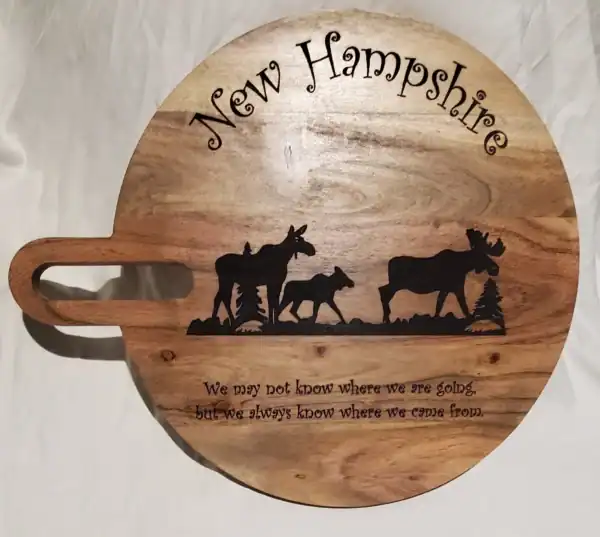 Moose Engraved Round Charcuterie Board for New Hampshire.
