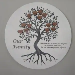 Custom laser-engraved family tree wood sign with heartfelt message.