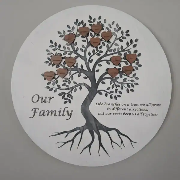 Custom laser-engraved family tree wood sign with heartfelt message.