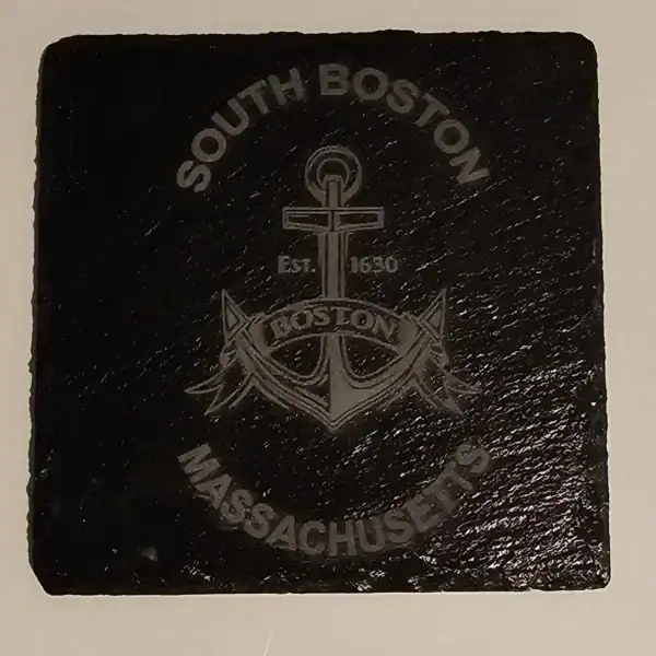 Anchor engraved slate coaster with "South Boston" and "Massachusetts" text.