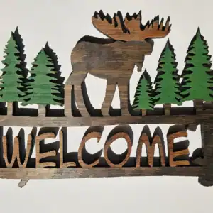 Moose Welcome Sign with Pine Trees - Rustic wooden decor for cabin or lodge entrance. Perfect for ou.