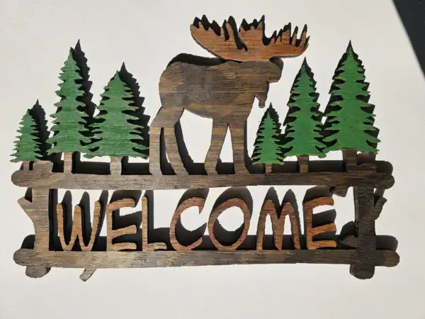 Moose Welcome Sign with Pine Trees - Rustic wooden decor for cabin or lodge entrance. Perfect for ou.