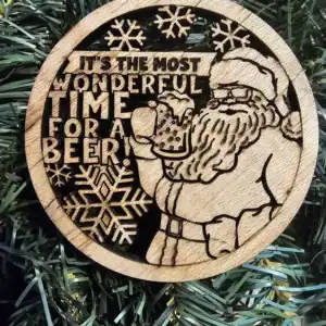 Santa holding a beer mug with holiday snowflakes background.