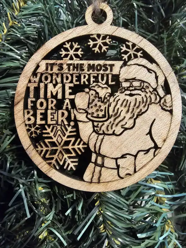 Santa holding a beer mug with holiday snowflakes background.