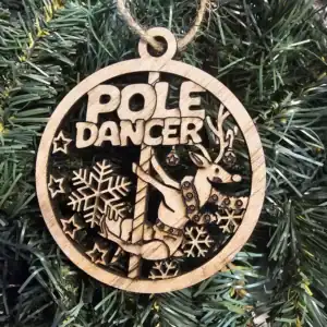 Decorative wooden pole dancer reindeer holiday ornament for festive decor.
