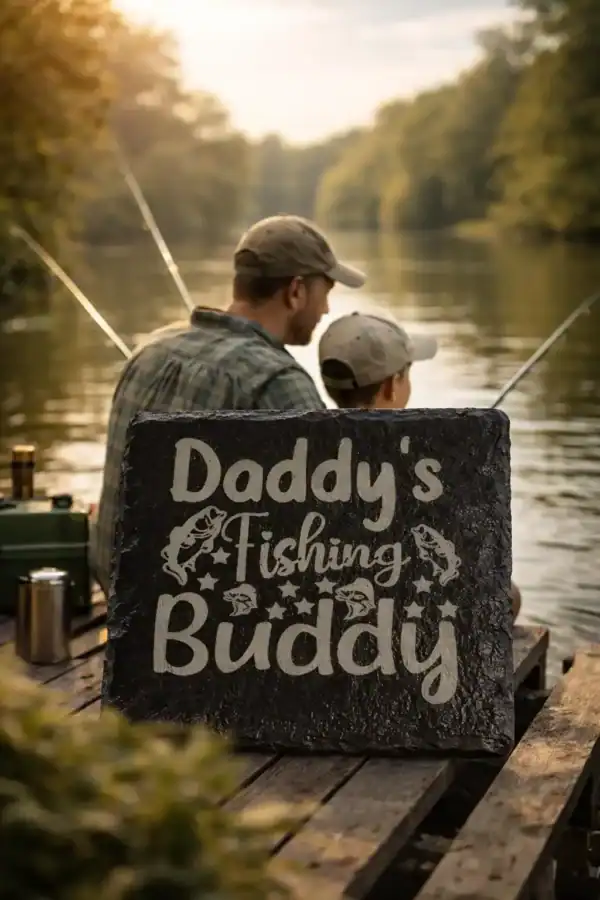 Daddy’s Fishing Buddy slate coaster on wooden table with iced tea and cranberry juice, father and son fishing on a lake in background