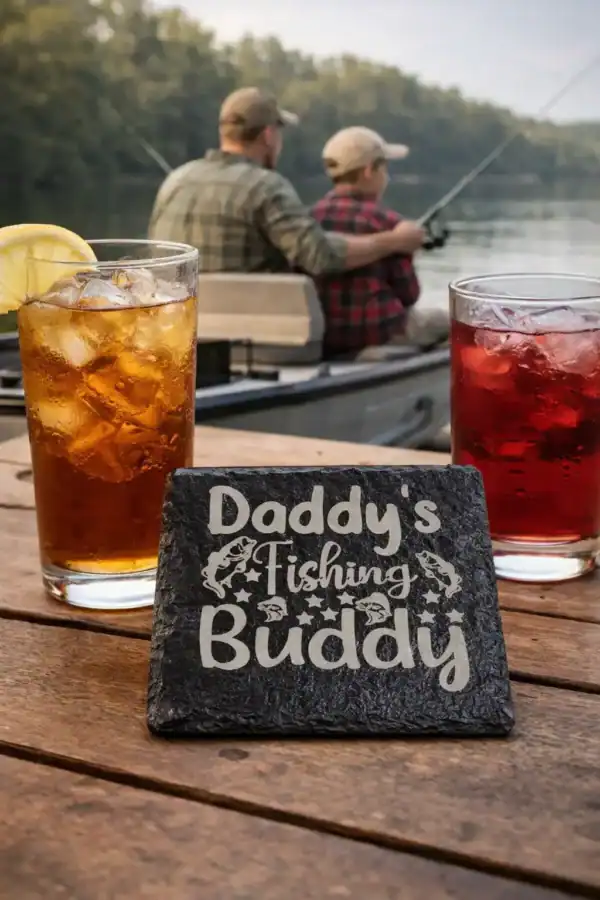 Engraved slate coaster with "Daddy's Fishing Buddy" design, perfect for fishing enthusiasts.