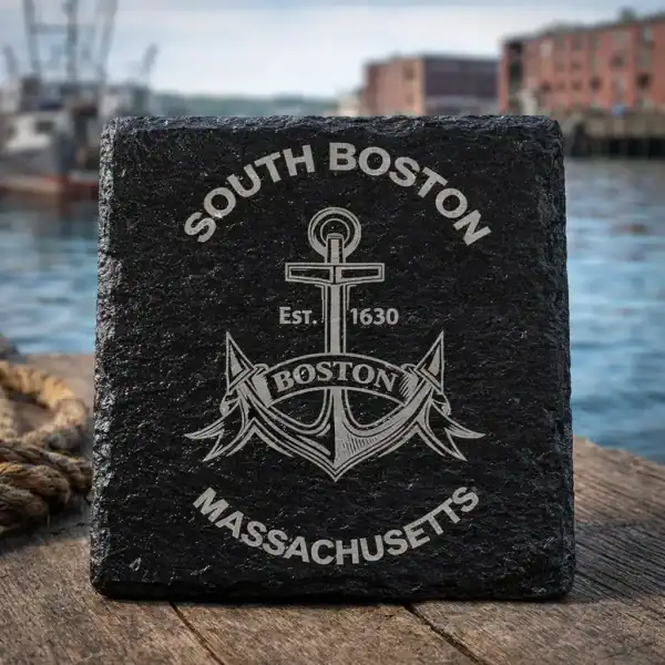 Laser-engraved slate coaster featuring South Boston anchor design and text.