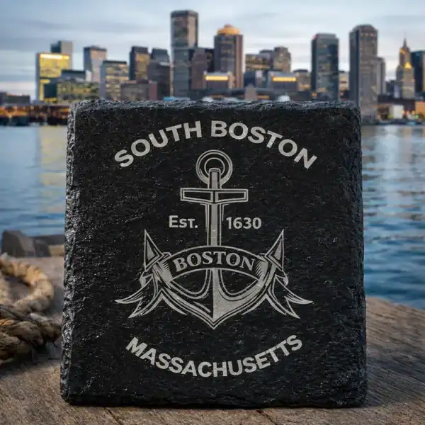 Anchor engraved slate coaster featuring South Boston and Massachusetts text.