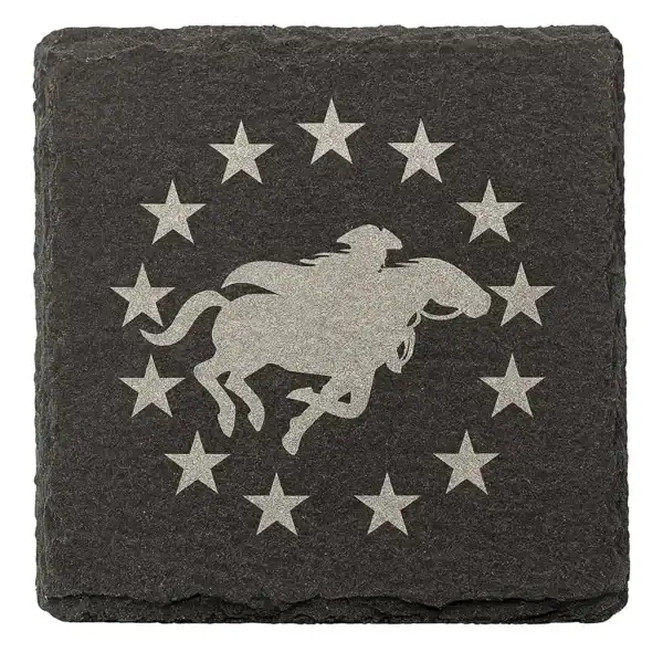 Laser-engraved slate coaster featuring Paul Revere riding with stars design.