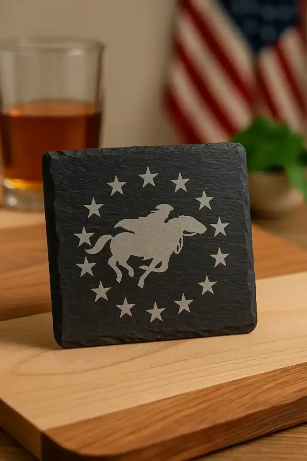 Slate coaster with engraved Paul Revere riding horse and stars design.