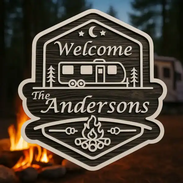 Welcome Sign for Campsite with Camper, Trees, and Campfire Design.