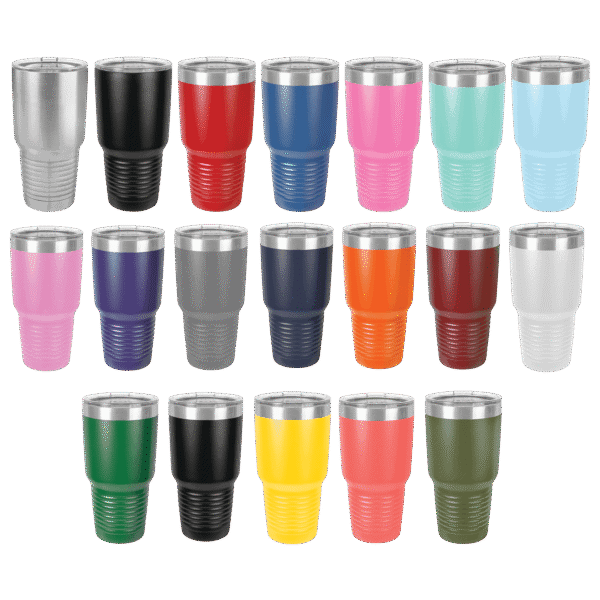 Engraved 30oz stainless steel tumbler with colorful options for personalized gifts.