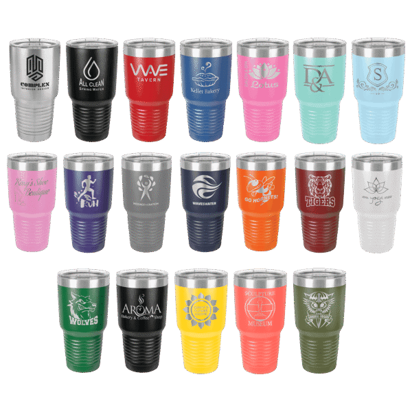 Engraved 30oz stainless steel tumbler with personalized design for hot and cold beverages.