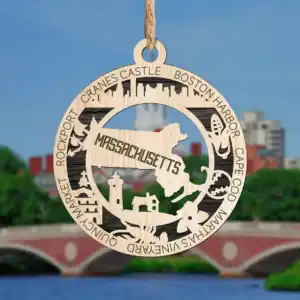 Massachusetts state ornament with laser engraving, featuring iconic landmarks and cities. Perfect fo.