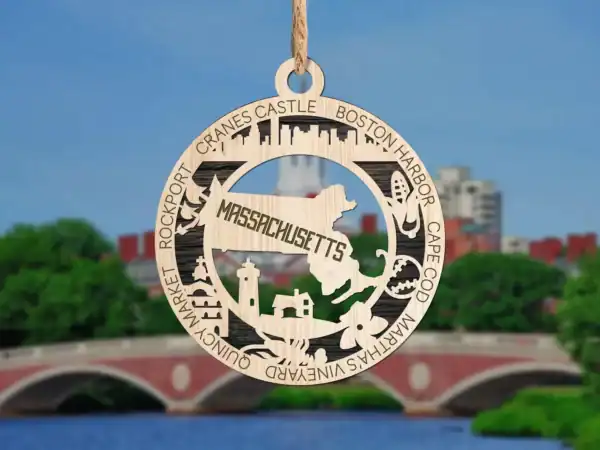 Massachusetts state ornament with laser engraving, featuring iconic landmarks and cities. Perfect fo.
