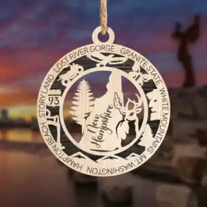 NH State Laser Engraved Ornament with Mount Washington and wildlife design.