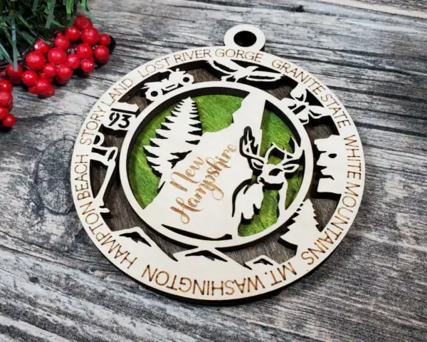 NH State Laser Engraved Ornament for Christmas and Souvenirs.