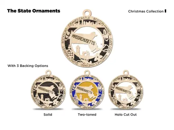 Massachusetts State Ornament Laser Engraved, detailed wood ornament with laser engraving options.