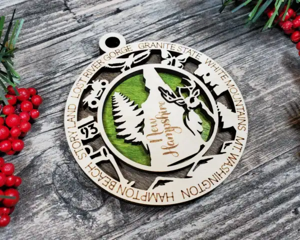 NH State Laser Engraved Christmas Ornament.