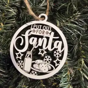 Santa Christmas ornament with milk and cookies design.