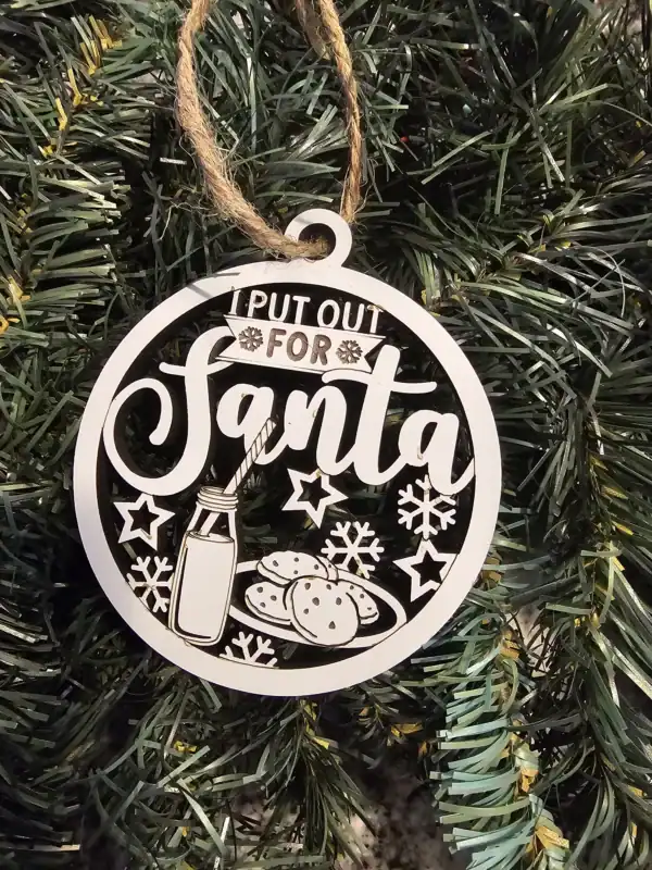 Santa Christmas ornament with milk and cookies design.