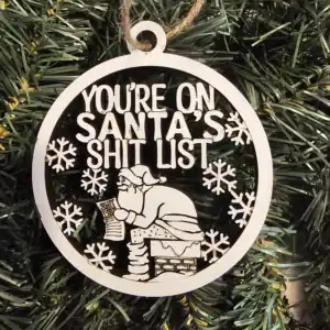 Funny Christmas ornament with Santa on the naughty list.