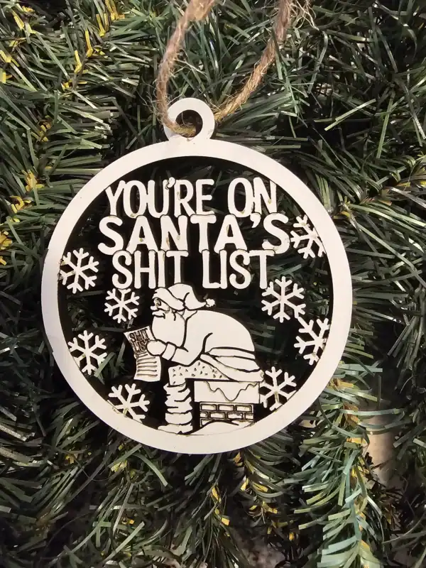 Funny Christmas ornament with Santa on the naughty list.