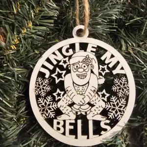 Funny Christmas ornament with Santa and snowflakes, "Jingle My Balls" design.