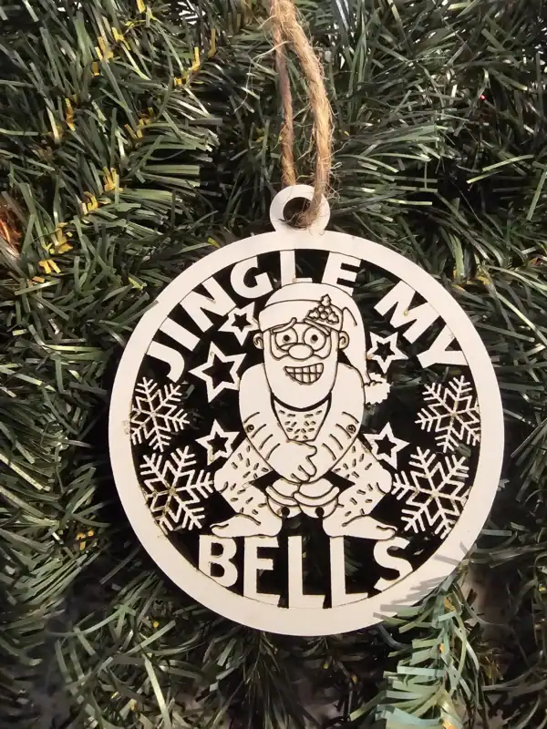 Funny Christmas ornament with Santa and snowflakes, "Jingle My Balls" design.