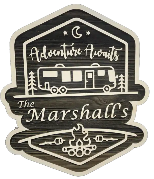 Travel Adventure RV Sign with Campfire and Night Sky.