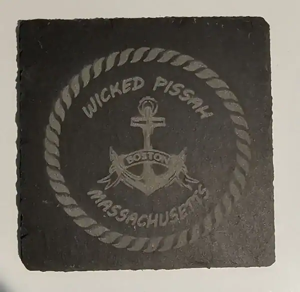 Wicked Pissah slate coaster with Boston humor design featuring an anchor and rope border.
