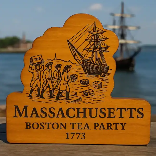 Historical Boston Tea Party wooden sign for home decor and educational displays.