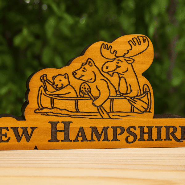 Wooden canoe sign with moose, bear, and beaver for New Hampshire decor.