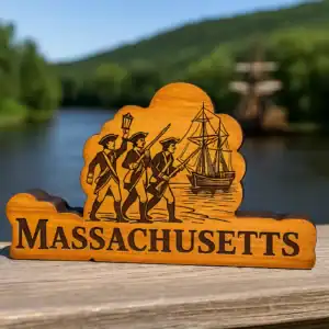 Wooden Massachusetts sign with Minutemen and ship illustration, handcrafted for home decor.