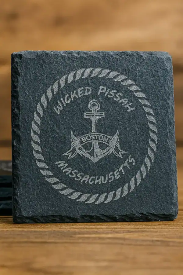 Boston-themed Wicked Pissah slate coaster with anchor design for humorous gift.