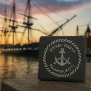 Boston-themed Wicked Pissah slate coaster with anchor design, perfect for humor gifts.