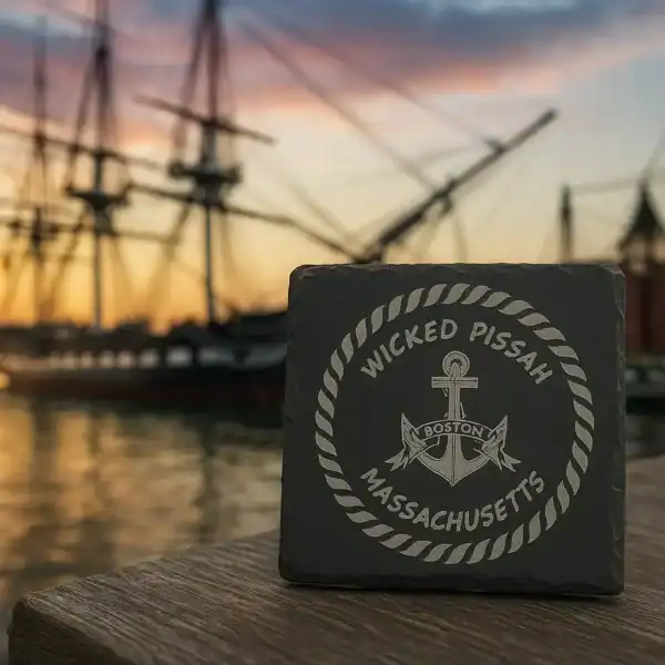 Boston-themed Wicked Pissah slate coaster with anchor design, perfect for humor gifts.