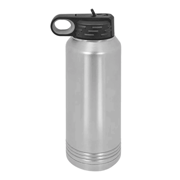 Stainless steel water bottle with black lid, durable and eco-friendly.