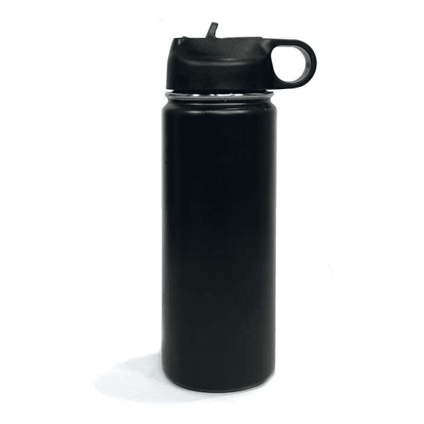 Custom engraved black water bottle with lid, perfect for sports and everyday use.
