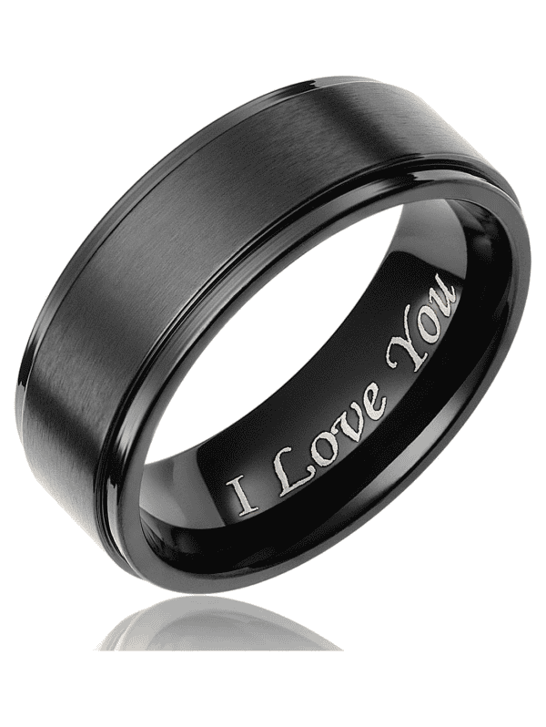 Elegant black engraved wedding band with "I Love You" inscription.