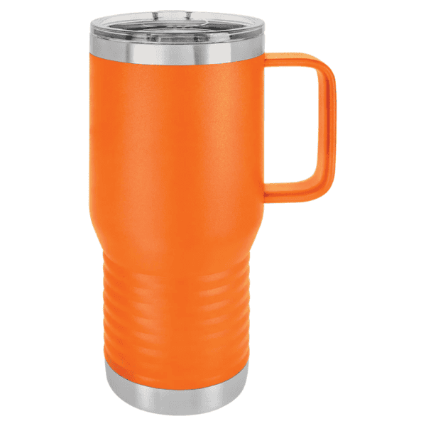 Durable stainless steel insulated travel tumbler with handle, powder coated finish, perfect for hot.