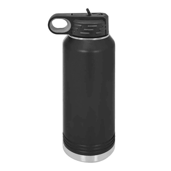 Durable black stainless steel water bottle with leak-proof lid for outdoor use.