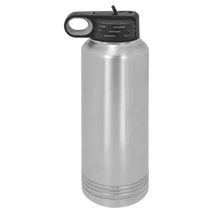 Stainless steel reusable water bottle with black lid for hydration on the go. Perfect for fitness, travel, and daily use.