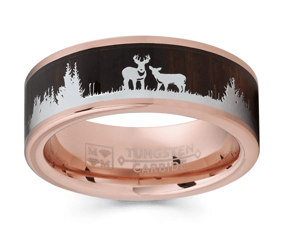 Rose gold tungsten hunting ring with engraved deer and stag silhouette. Perfect for wedding or hunti.