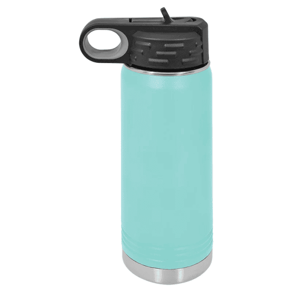 Custom engraved stainless steel water bottle with black lid, perfect for personalized gifts.
