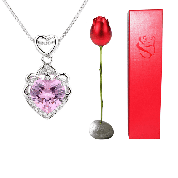 Elegant jewelry necklace featuring a pink heart-shaped gemstone pendant and silver chain.