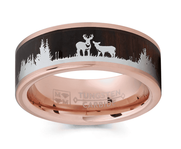 Rose gold tungsten wedding band with engraved deer stag and forest scene.