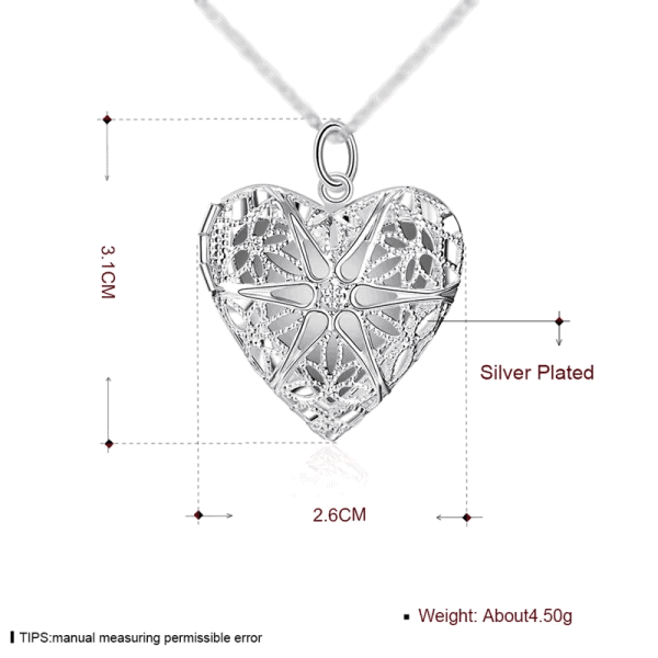 Elegant silver plated heart necklace with detailed laser-cut floral pattern for women.